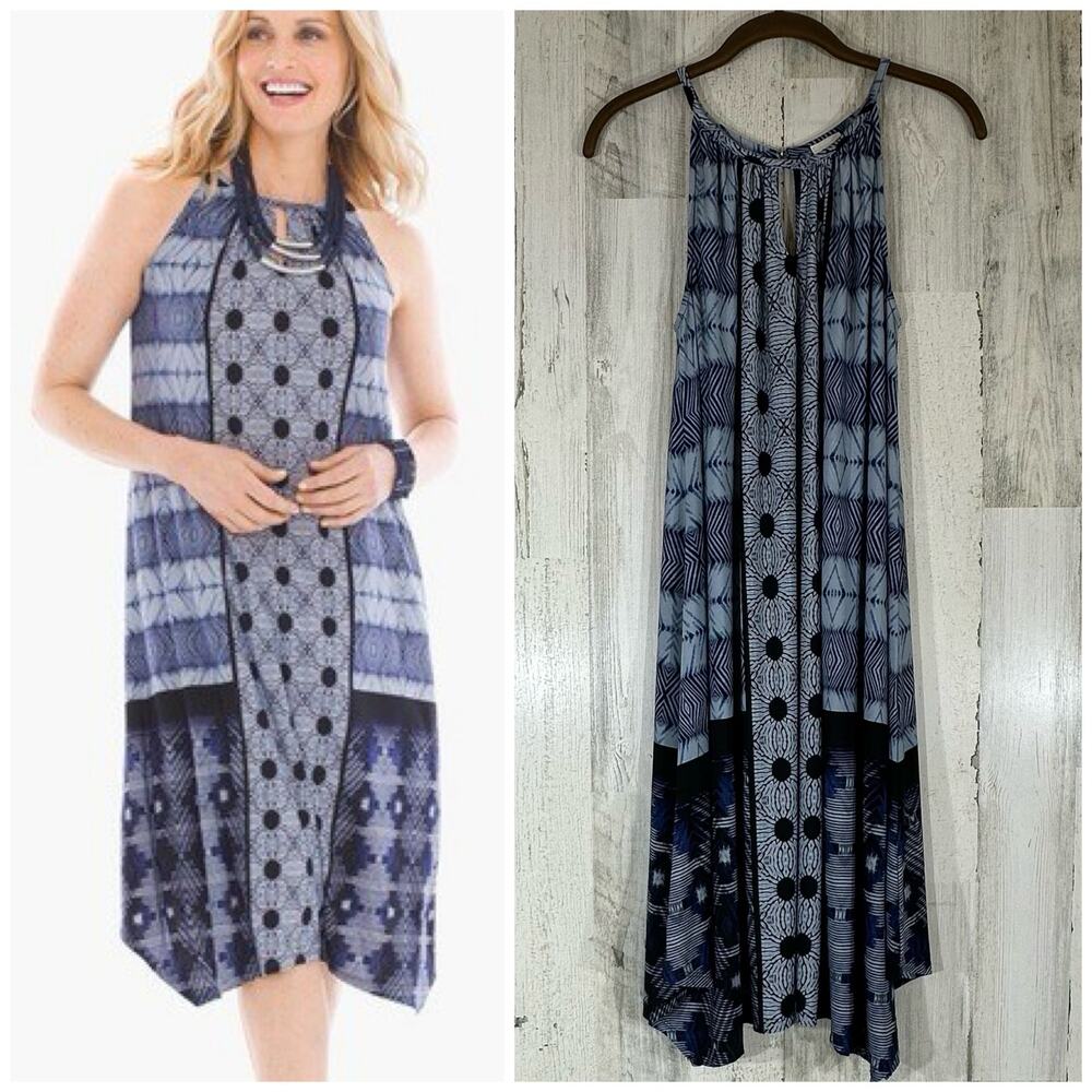 Chicos Midi Dress Size 1 or Medium Blue Print Halter Neck Handkerchief Hem Flowy